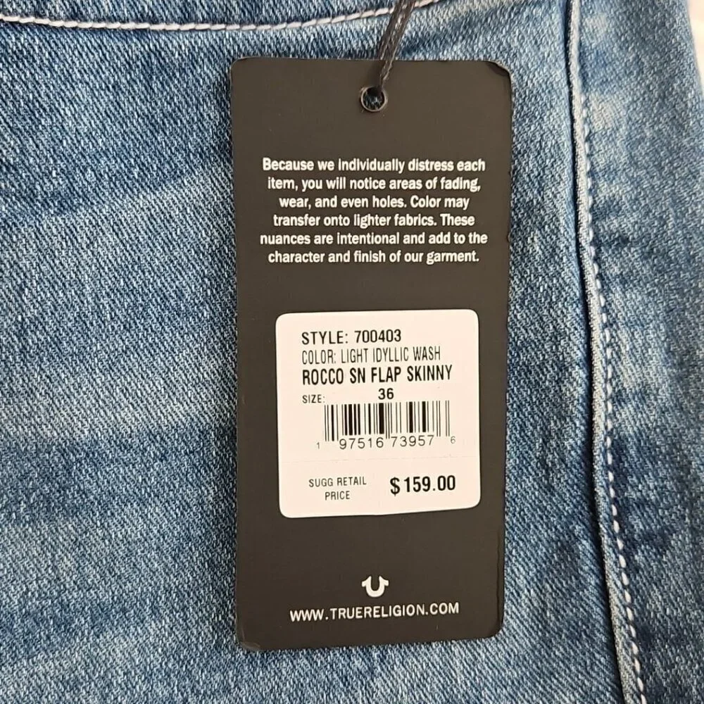 NWT True Religion Rocco Jeans Men's 36x32 Light Relaxed Flap Pocket Green Stitch